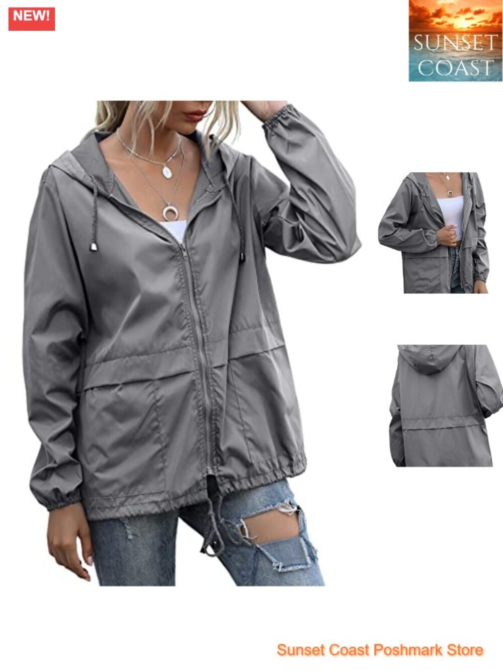 Women's Lightweight Waterproof Polyester Raincoat Hooded Zip Packable